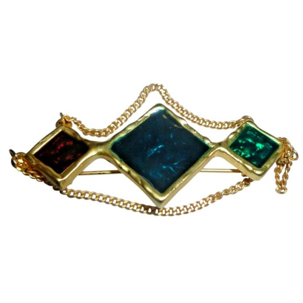 Vintage Gold Tone Geometric Enamel Brooch Pin Rhombus Teal Green Burgundy 2.5"